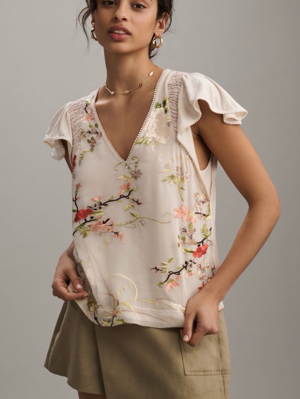 Embroidered Floral Cream V-Neck Flutter Sleeve Top